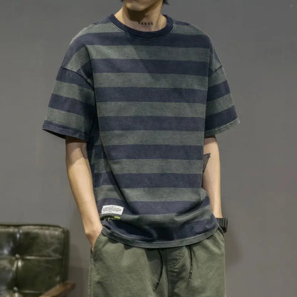 saferido Fashion Printed Spliced All-match Striped Casual T-Shirt Men's Clothing Spring New Loose Korean Pullovers Korean Tee Shirt