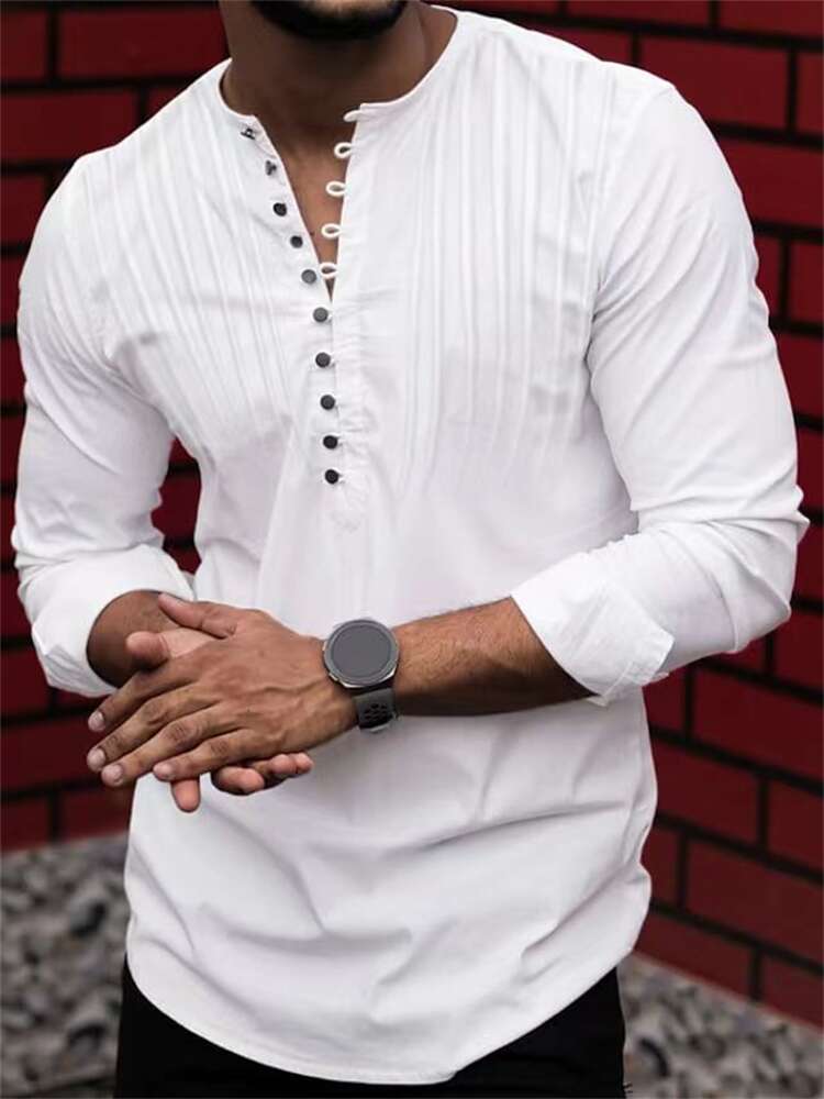 NEW Men's Solid Color Linen Long Sleeve Shirt Button Shirts Trend  vintage Stand Collar Casual Cotton Tops US-Size