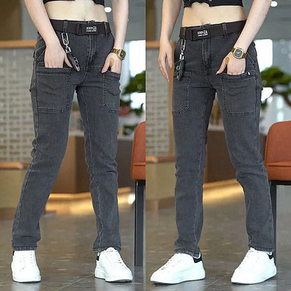 Korean Men Skinny Jeans Y2k Vintage Blue Cargo Denim Pants Pockets Man Casual Streetwear Jeans Trousers Clothing