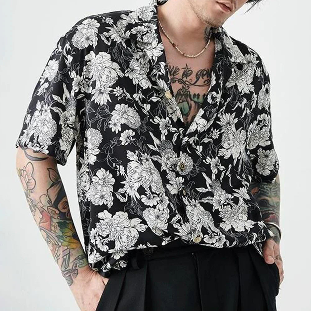 saferido New Summer Original Hawaii Vacation Short-sleeved Shirt Men Korean Black White Printed Tee Shirt Tops Man Casual Clothing Blouse