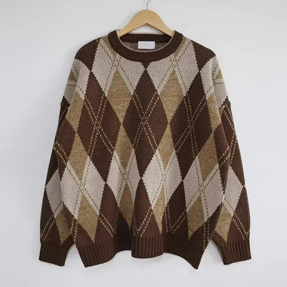 saferido Argyle Sweater Pullover Men's Christmas Grandpa Sweater Korean Casual Vintage Retro Clothes Autumn Streetwear Harajuku