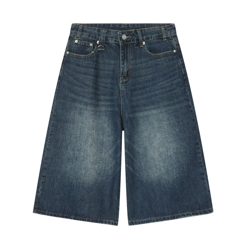 Korean Style Vintage Men's Jeans Summer Loose Male Wide Leg Knee Length Shorts New Washed Fashion Denim Trouser