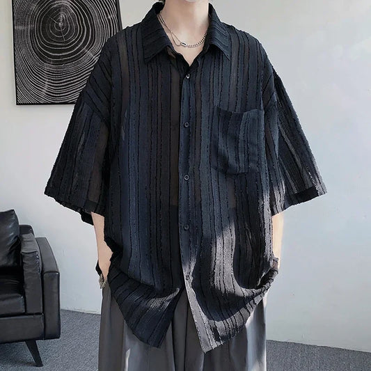 saferido Spring Summer Men's Solid Shirts Short Sleeve Harajuku Style Cardigan Casual  Blouses Male Plus Size Lapel Shirt