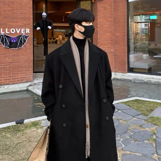 saferido Winter Men Black Thick Woolen Trench Coats Korean Style High Quality Male Casual Trenchcoat Men's Streetwear Windbreaker