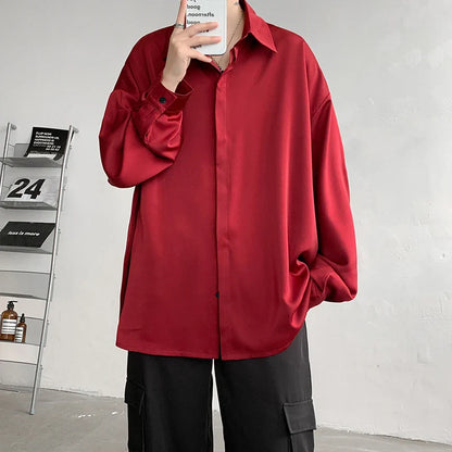 saferido Korean Fashion Ice Silk Shirts for Men Spring Summer Solid Color Long Sleeve Casual Loose Comfortable Button Up Shirt 5XL-M