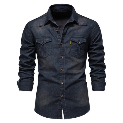 Brand Elastic Cotton Denim Shirt Men Long Sleeve Quality Cowboy Shirts for Men Casual Slim Fit Mens Designer Clothing
