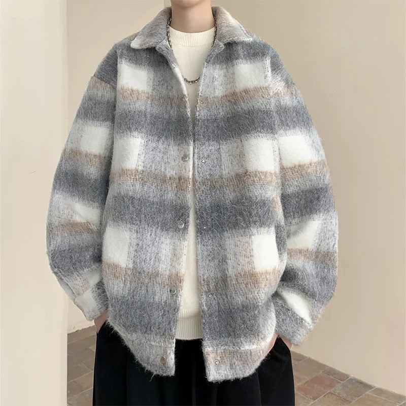 saferido Winter Thickened Woolen Coat Men Warm Fashion Thick Plaid Woolen Jacket Mens Streetwear Korean Loose Short Woolen Coat Men M-3XL