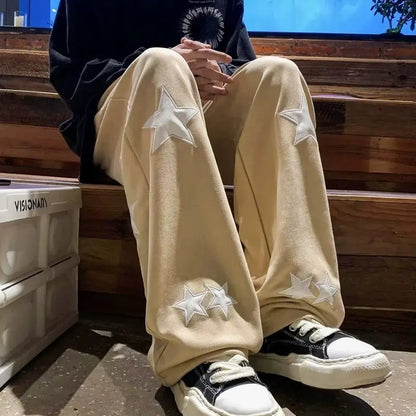 saferido Street American Vintage Print Star Casual Sports Pants Men Spring Autumn Pocket Elastic Waist Drawstring Loose Straight Trousers