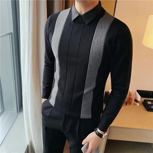 saferido Korean Style Men Keep Warm In Autumn Fake 2 Pieces Shirt Collar Knit Sweaters/Male Slim Fit Stripe Fashion Casual Knit Pullover