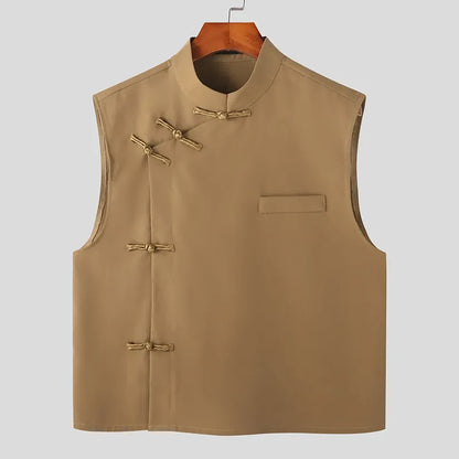 Men Shirt Solid Stand Collar Sleeveless Vintage Chinese Style Knot Button Men Clothing Summer  Casual Vests S-5XL