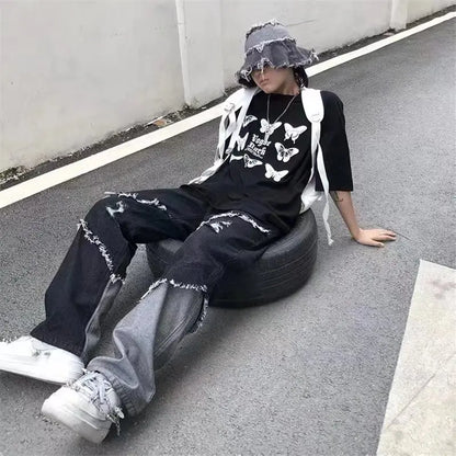 saferido Mens Jeans Pants With Hole Casual Vintage Straight Leg Korean Fashion Streetwear Harajuku Trousers