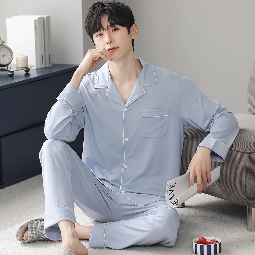 saferido Autumn Pajamas Sets Men Long Sleeve Modal Cotton Thin Teenage Boys' Large Size Spring Outwear Home Cloth Suit Sleepwear Male