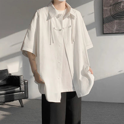 saferido Men's Casual Blouse Long Sleeve Tee Shirt Y2K Vintage Oversized Blouses Chinese Style Baggy Button Up Shirt