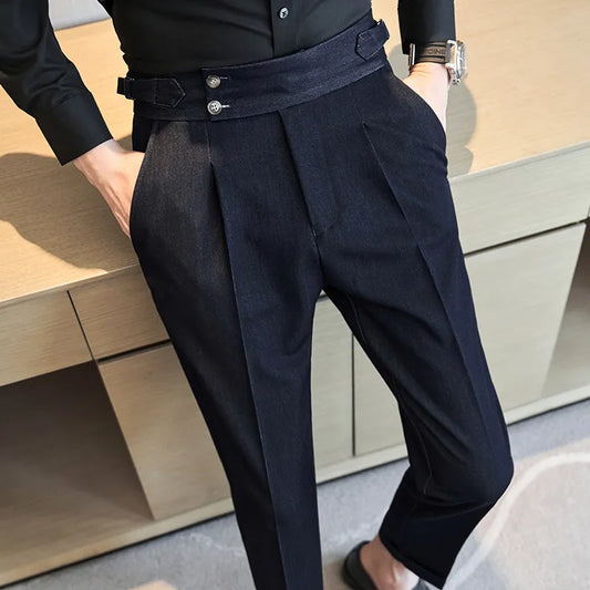 saferido Men Spring Summer Belt Decoration Casual Ankle Length Pants Fashion Slim Fit Suit Pants Streetwear Social Business Trousers