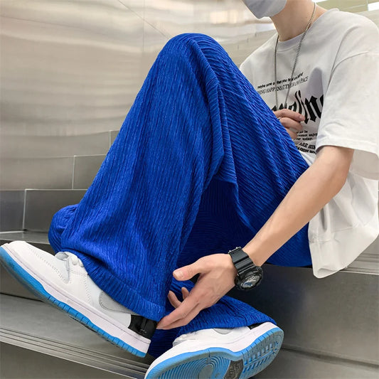 saferido Summer Ice Silk Pants Men Fashion Oversized Wide Leg Pants Men Japanese Streetwear Hip Hop Loose Pleated Pants Mens Trousers