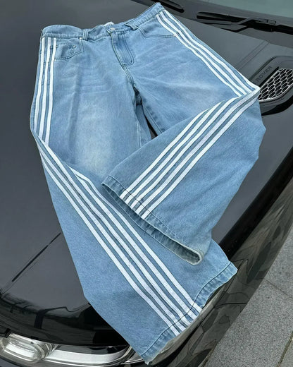 Y2k Harajuku Street Distressed Striped Black Jeans Women Korean Fashion Casual Straight Pants Classic Simple Loose Denim Pants