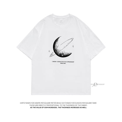 HybSkr Simple Stroke Moon Graphic Men Tshirt Oversize Letter Print Short Sleeve T-shirt Cotton Male Streetwear Unisex Basic Tops