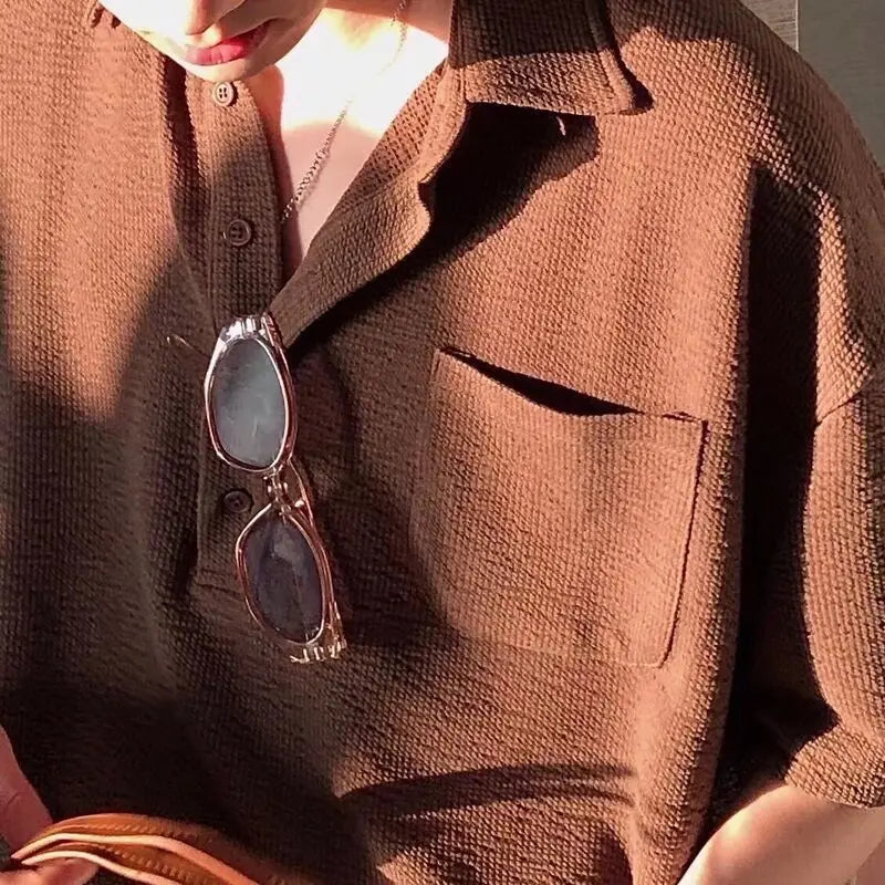 Korean Solid Color Knit Polo Shirt Lapel Short Sleeve T-shirt Men Summer Trend Loose Casual Top Golf Button Polo T Shirt for Men