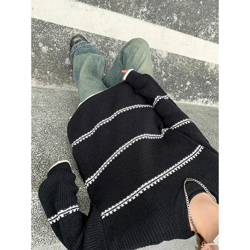 saferido Men Streetwear Harajuku Vintage Knitwears Oversized Knitted Sweater Winter Korean Fashions Striped Sweaters Pullovers