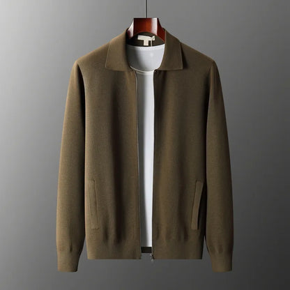 Men's Cardigan 100% Merino Wool Knitted Zippered Jacket  Autumn and Winter Thickened Long Sleeved Men's Sweater Lapel Shirt