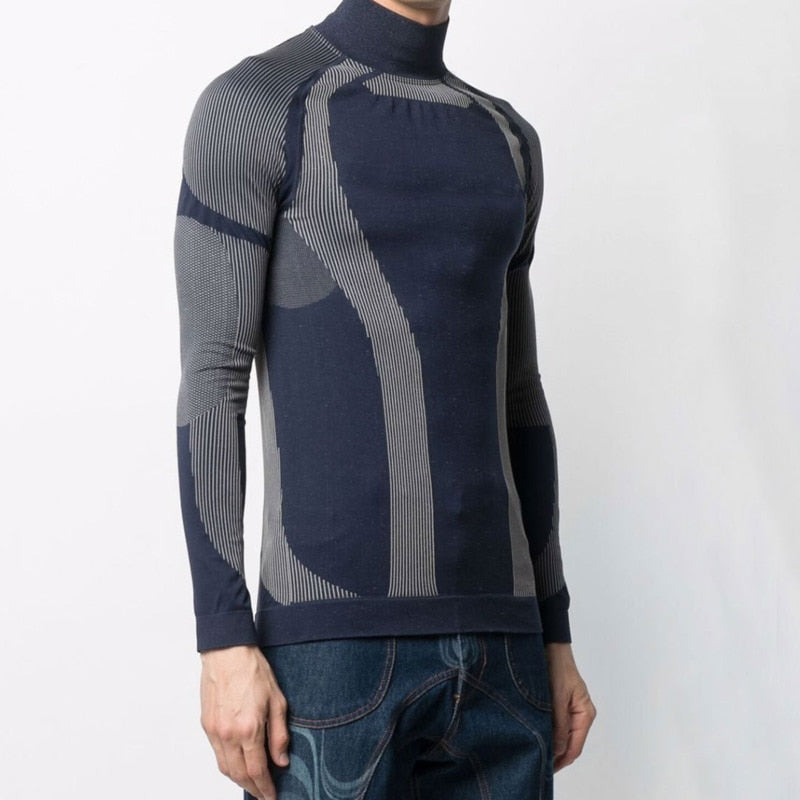 Men's Fashion Long Sleeve T-shirt Elastic T-Shirts Turtleneck Male Contrast Color Tops New Stripe Spliced Clothing