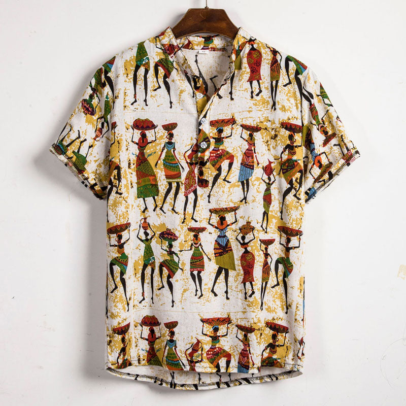 Summer New Short Sleeve Floral Hawaiian Shirt Men Half Placket Collar Beach Shirt Men Casual Holiday Vacation Clothing 3XL