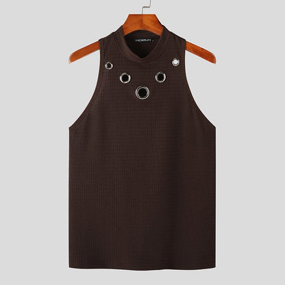 Men Tank Tops Hollow Out Solid Turtleneck Sleeveless Fashion Male Vests Streetwear Summer Casual Men Clothing S-5XL INCERUN