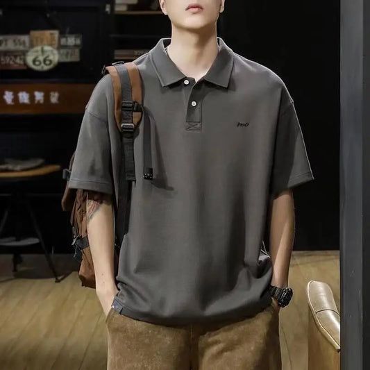 saferido American Vintage Men Loose Short Sleeve Polo Shirts Trend Versatile Lapel Button Solid Embroidery Large Size Casual Thin Tops