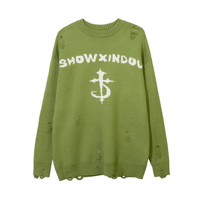 Harajuku Printed Knitwears Women Streetwear Hip Hop Destroyed Hole Ripped Pullovers Jumper Oversized Men