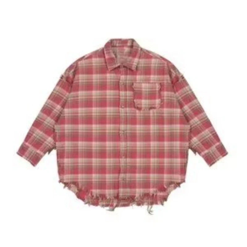 Plaid Shirts Men Autumn Chic Baggy Contrast Color Raw Edge Long Sleeve Japanese Style Handsome Youthful Popular Males Clothing