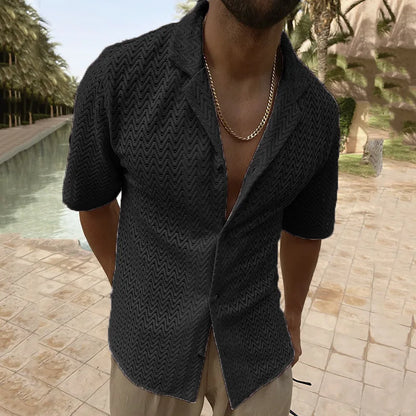 saferido Spring Summer Fashion Hollow Out Knit Shirts Men Solid Color Short Sleeve Button Lapel Tops For Mens Clothes Leisure Shirt