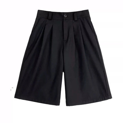 saferido Spring Summer Loose Casual Soft Black Pleated Shorts for Men Mens with High Waist Short Straight Pants Clothes