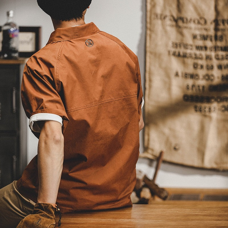 Vintage Cargo Shirts for Men Short Sleeve Summer Japanese Streetwear Hip Hop Cotton Retro Work Tops Male Safari Style