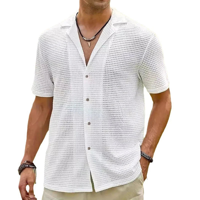 Summer New Casual Shirts For Men Fashion Solid Color Waffle Short Sleeve Shirt Vintage Mens Turn-down Collar Buttoned Shirt