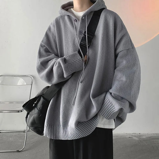 saferido Men Pullover Hoodie Korean Style Classic Solid Color Casual Hoodies Oversized Loose Hooded Knitwear Mens Knitted Pullovers