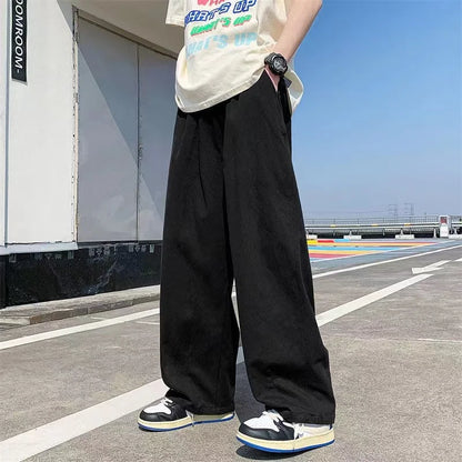 saferido Spring Cotton Wide Leg Pants Men Fashion Solid Color Casual Pants Men Streetwear Korean Loose Straight Pants Mens Trousers S-5XL