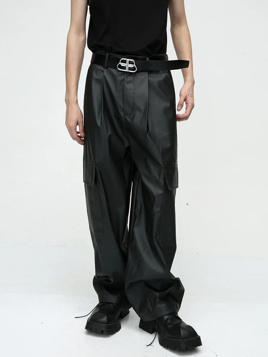 saferido Autumn American style pleated design drape floor mopping niche casual PU leather pants men's trendy pants pantalon homme cuir