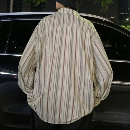 saferido Striped Loose Causal Long Sleeve Shirts Man Button Handsome Turn-down Collar Spring Autumn Office Men's Clothing Green