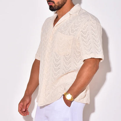 saferido Spring Summer Knit Jacquard Mens Shirt Short Sleeve Lapel Casual Loose Tops Fashion Vintage Knitwear Clothing For Men Streetwear