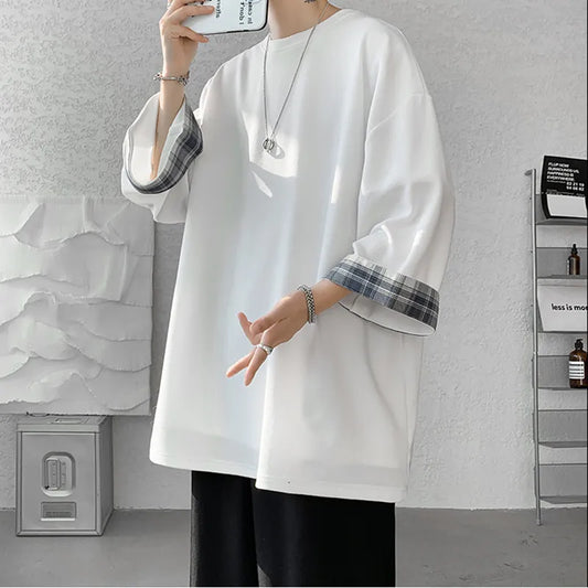 saferido Spring Summer Men's T-shirts Women Oversized 2XL Korean Style Loose Plaid T-shirt Casual Seven sleeves T-Shirt Male White