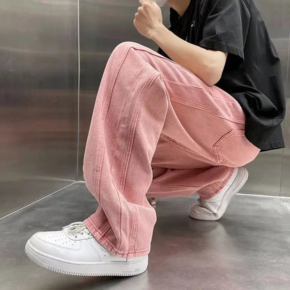 saferido Street Vibe Style Jeans Men's Loose Straight Pants Trendy Brand American Baggy Wide-leg Pants Pink Jeans Spring and Autumn