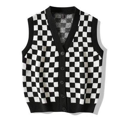 Men's Plaid Sweater Vest Sleeveless V-Neck Button Cardigan Vest Fashion Office Knitted Vest Classic Fit Tank Tops