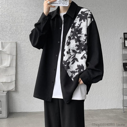 saferido Spring Autumn Long Sleeve Print Shirt Man Black/White High Street Fashion Casual Button Patchwork Harajuku All-match Blouse