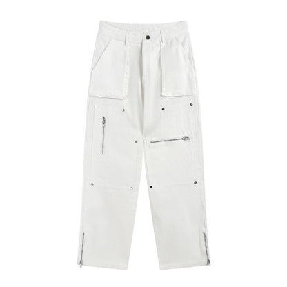 Hip Hop Vibe Heavy Functional Cargo Trousers for Men Fashionable Rivets Zipper Split Adjust Micro Flare Pants White Male Clothes