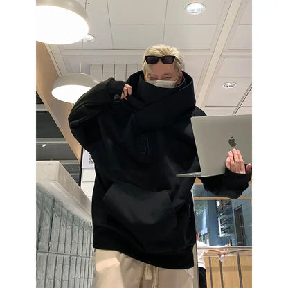 saferido Korean Street Style Solid Color High Collar Oversized Hoodie Men Fashion Loose Casual Hooded Top Harajuku New Sweatshirt Hoodie