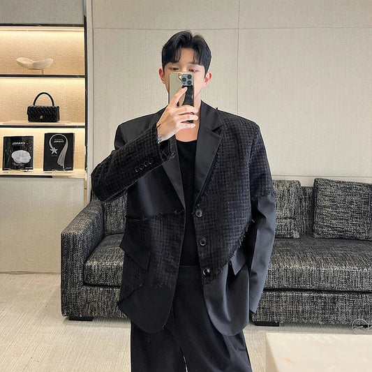 saferido Fashion Korean Spring New Men's Patchwork Tassels Suits Niche Blazers Male Casual Solid Color Shoulder Pad Lapel