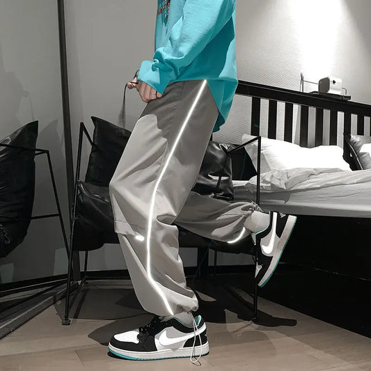 saferido Reflective Striped Sweatpants Men's Spring Autumn Oversize Beam Feet Solid Stitching Casual Pants Sports Trend Classic Trousers