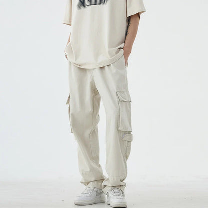 saferido Men Vintage Cargo Pants 2024 Spring Fashion Solid Pocket Simple Casual Loose High Street  High Waist Male Straight Leg Trousers