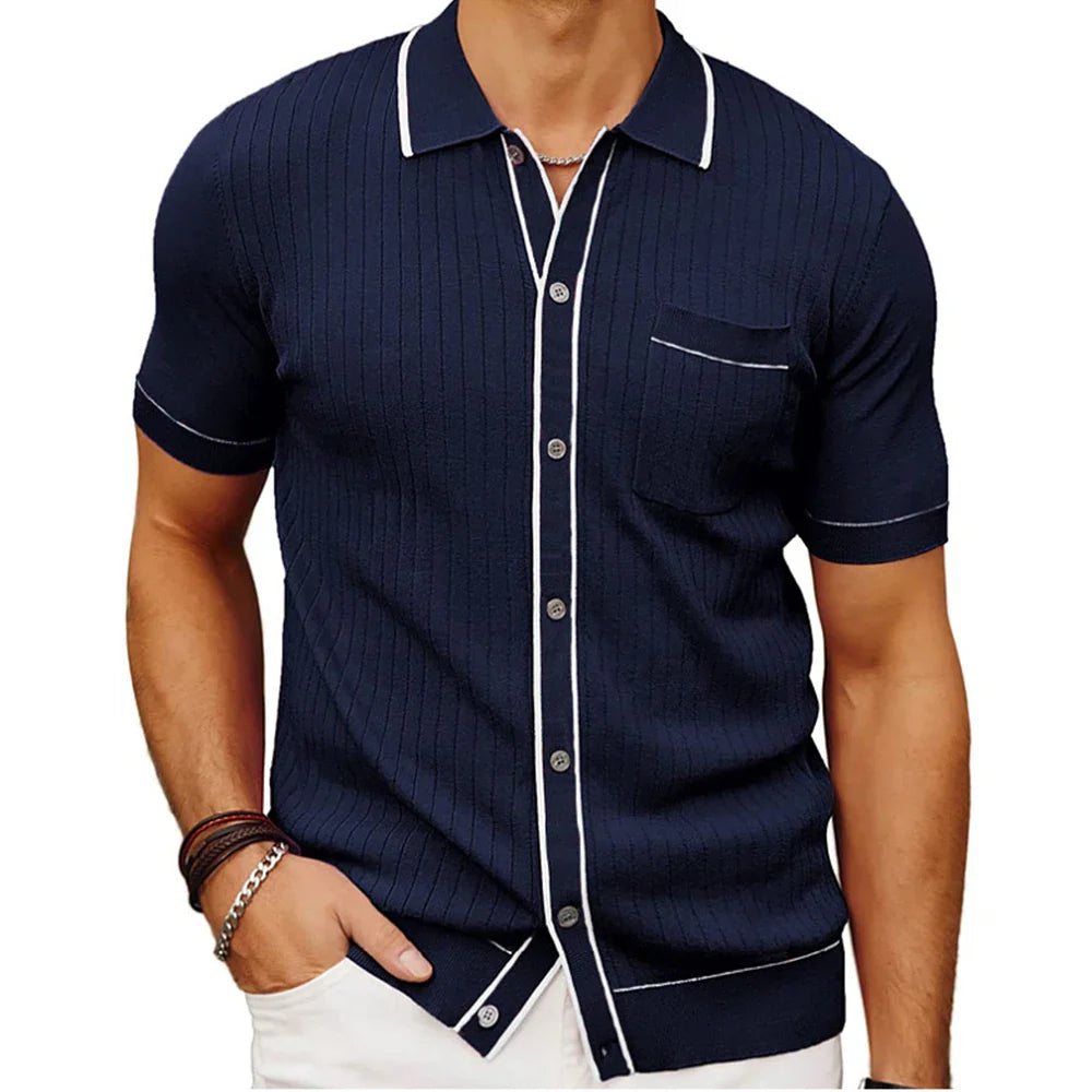 Men's Clothing Luxury Knitted Polo Shirt Casual Striped Button Down Solid Color Short Sleeve T-Shirt for Men Breathable M-3XL