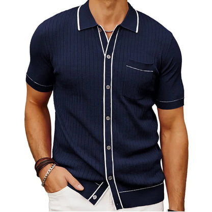 Men's Clothing Luxury Knitted Polo Shirt Casual Striped Button Down Solid Color Short Sleeve T-Shirt for Men Breathable M-3XL
